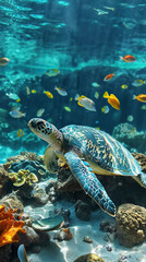 Sea Turtle Surrounded by a School of Colorful Fish, Creating a Vibrant and Serene Scene in the Ocean Depths