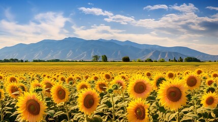 Obraz premium Sunflower Field Against Mountain Backdrop - AI Generated