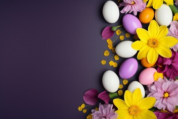 Fototapeta na wymiar Easter banner with multicolored eggs, purple daisies and yellow daffodils close up, with empty copy space Generative AI