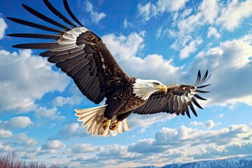 An eagle in flight, flying high among the blue sky and white clouds, capture photography, cartoon style, 16k, HDR 