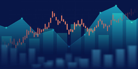 Business financial graph with uptrend line and bar chart of stock market on blue color background