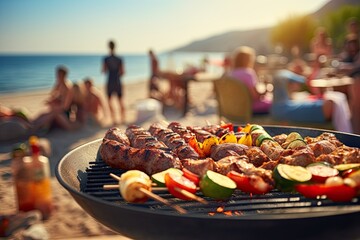 Barbecue, foreground with grilled vegetables, vegetarian barbecue, fire, barbecue party at the...