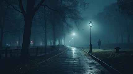 Bleak, very foggy, winter night in an empty city park. There is one street lamp lighting a section of path through park. There is a man in the distance walking along the path. 