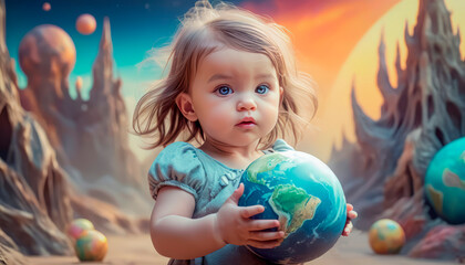 Fototapeta na wymiar Planet Earth in the children's hands of a beautiful touching baby.