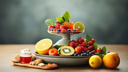 Fruits and berries in bowl on table, closeup. Healthy food
