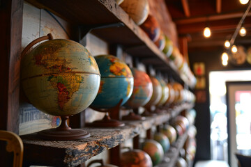 A wall-mounted shelf displaying a collection of colorful, educational globes