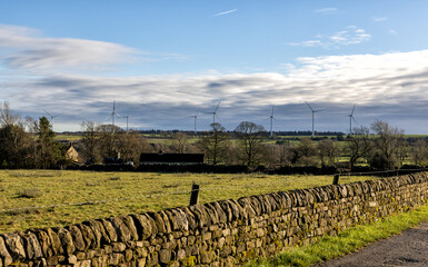 Panoramic view of the Yorkshire Dales with wind energy farm, North Yorkshire, England, United Kingdom