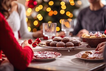 Christmas decorated table with several plates with delicious Christmas cookies with family of four...