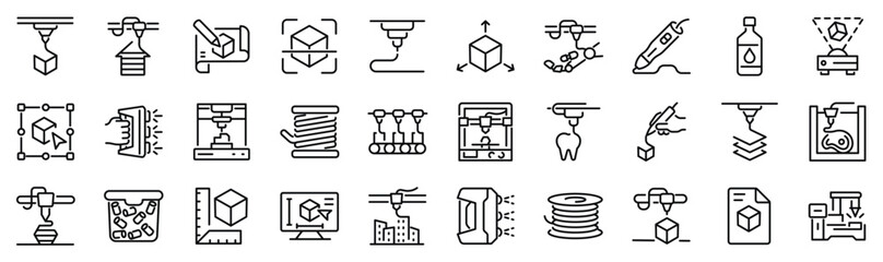 Set of 30 outline icons related to 3d printing. Linear icon collection. Editable stroke. Vector illustration © SkyLine