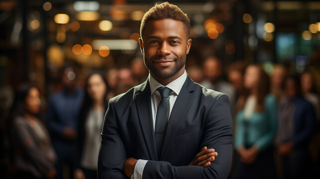 Portrait d'un jeune cadre, consultant ou ex&eacute;cutif  posant en souriant devant une foule de travailleurs et managers de son entreprise