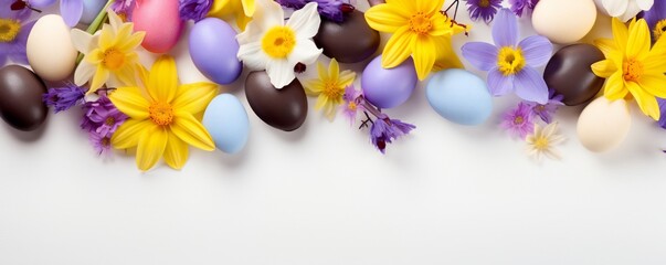 Easter banner with multicolored eggs, purple daisies and yellow daffodils close up, with empty copy space Generative AI