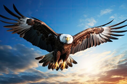 Create a realistic image of an eagle in flight, seen from below, with blue sky around.