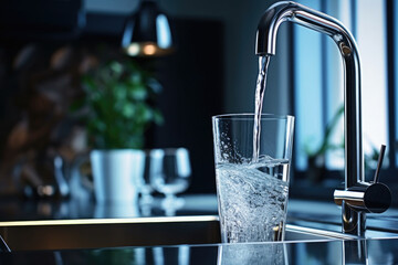 water flows from a faucet into a glass in the kitchen - obrazy, fototapety, plakaty