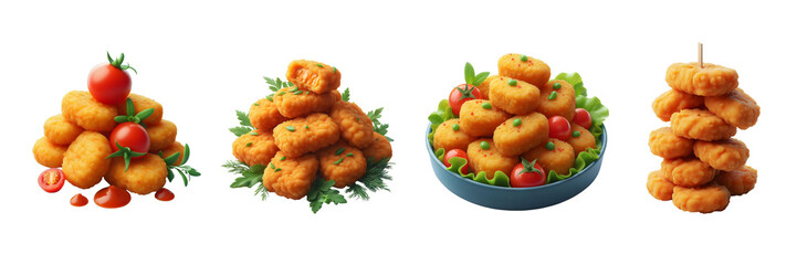Collection Set of delicious chicken nuggets, isolated over on transparent white background
