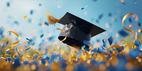 Graduation hat and confetti on blue sky background. Mixed media