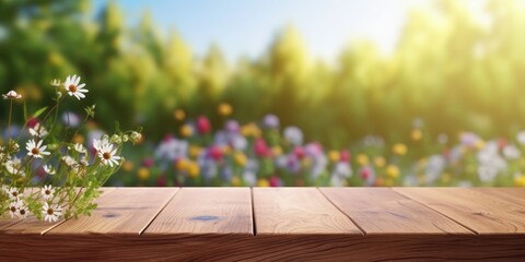 Empty wooden table rustical style for product presentation with a blurred summer meadow with wild...