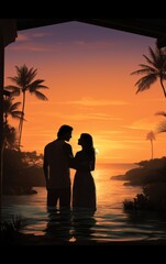 Couple in a swimming pool at sunset with palm trees silhouettes