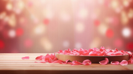 Wooden table with rose petals and hearts bokeh background.