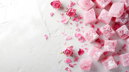 Turkish delight with rose flavor on a white background, Space for text on the right