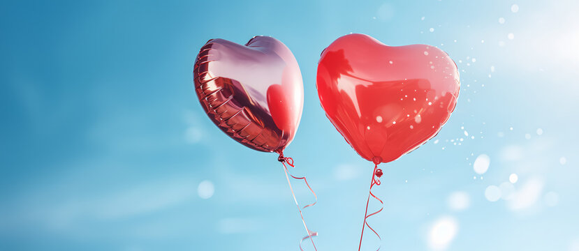 A pair of oversized red heart balloons soaring in the air, symbolizing the spirit of love and friendship.