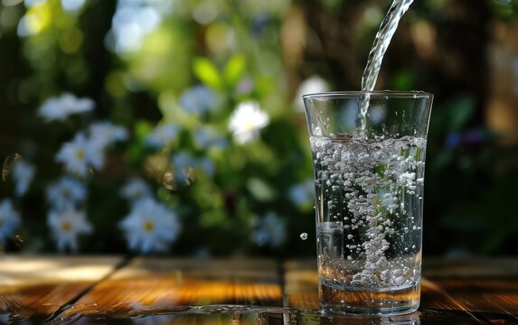 Refreshing water being poured into a glass, a perfect way to quench your thirst on a hot summer vacation. © Nattadesh