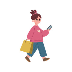 Girl with shopping bags and mobile phone, vector illustration isolated on white background.