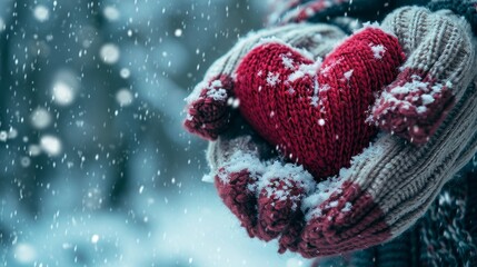 Hands in knitted mittens holding a heart on a snowy background. Love, winter and Valentines day romantic creative concept with copy space for text