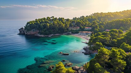 Golden Hour Over a Secluded Beach Cove Surrounded by Dense Forest and Turquoise Waters - obrazy, fototapety, plakaty