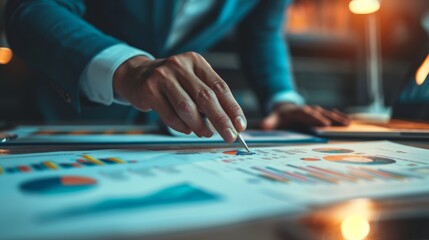 Naklejka premium Close-Up of Business Professional Analyzing Financial Charts and Graphs for Strategic Planning in Low Light Office