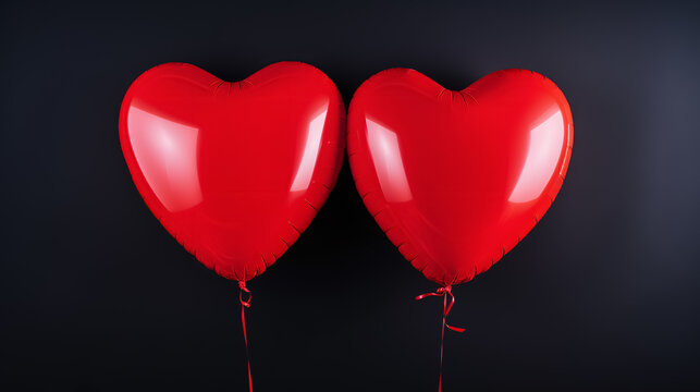 2 big red heart shaped balloons floating on the day of love and friendship on a black background