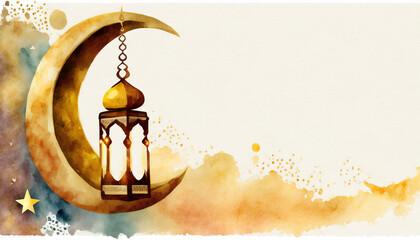 Illustration of symbol of Ramadan, watercolor art style, copyspace on a side - obrazy, fototapety, plakaty