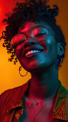 Vibrant Studio Portrait: Joyful Black Woman Radiating Happiness amidst Bold Colors