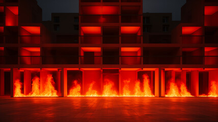 Fachada de edifício em tons vermelhos sob luz noturna  focos de incêndio no piso térreo