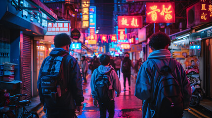 Fototapeta premium A bustling urban street, with stylish synthetic influencers showcasing trendy fashion, during a neon-lit night