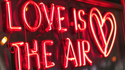 Valentines Day Neon vibrant red sign with phrase LOVE IS IN THE AIR and hearts