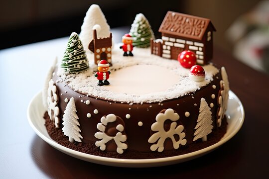 Japanese-style whole small Christmas chocolate cake, picture is taken from top and it looks like a circle, has a small Santa clause candy doll on top with holly leaves,
