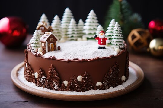 Japanese-style whole small Christmas chocolate cake, picture is taken from top and it looks like a circle, has a small Santa clause candy doll on top with holly leaves