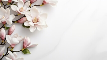 magnolia flowers branches on a background for copy space top view floral arrangement on a white...