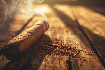 Zelfklevend Fotobehang Cuban cigar with smoke, close up view with details, atmospheric light and background. generative AI © marcin jucha