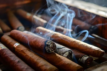 Rollo Cuban cigar with smoke, close up view with details, atmospheric light and background. generative AI © marcin jucha