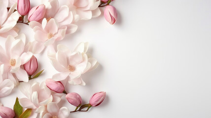 magnolia flowers branches on a background for copy space top view floral arrangement on a white background - obrazy, fototapety, plakaty