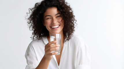 the girl smiles and holds a glass glass of water in her hands, white light background