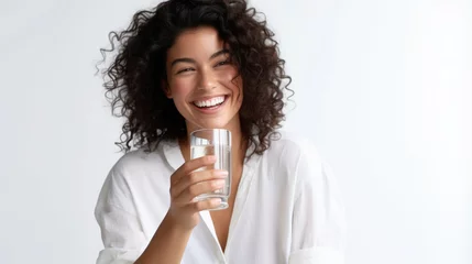 Foto op Aluminium the girl smiles and holds a glass glass of water in her hands, white light background © yanapopovaiv
