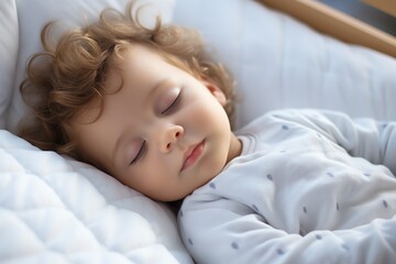 Cute little girl sleeping in bed at home, soft focus background