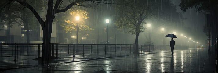 On a hazy and drizzly evening, a man was walking alone on an empty street.