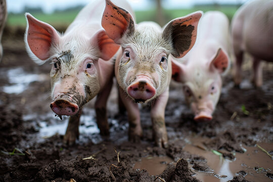 Happy pigs roaming free on farm meadow and mud. Farm animal welfare and care. Generative Ai.