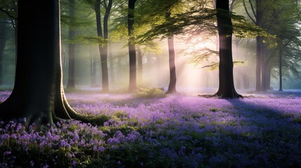 Misty Bluebell Wood at Dawn - AI Generated