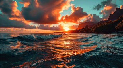 Breathtaking French Polynesia, vibrant sunset hues, aerial drone view, tranquil waters, detailed sunset scen Generative AI - obrazy, fototapety, plakaty