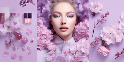 spring summer collage of purple flowers in the center portrait of a beautiful blonde girl, presentation, product demonstration, spring background for your desktop
