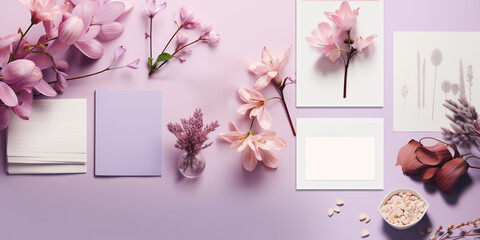 spring mockup with blooming flowers and a blank sheet of paper in lilac tones